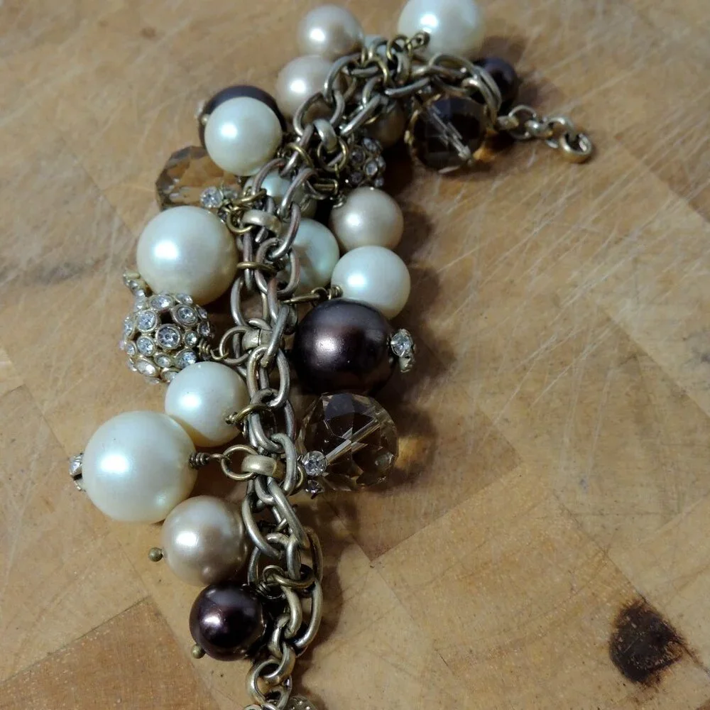 Stella & Dot Audrey Cluster Bracelet Cha Cha Gold Tone Faux Pearls Crystals 8" - Picture 4 of 6